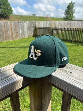 New Era Oakland A's Dark Green Fitted Hat with White and Yellow Logo